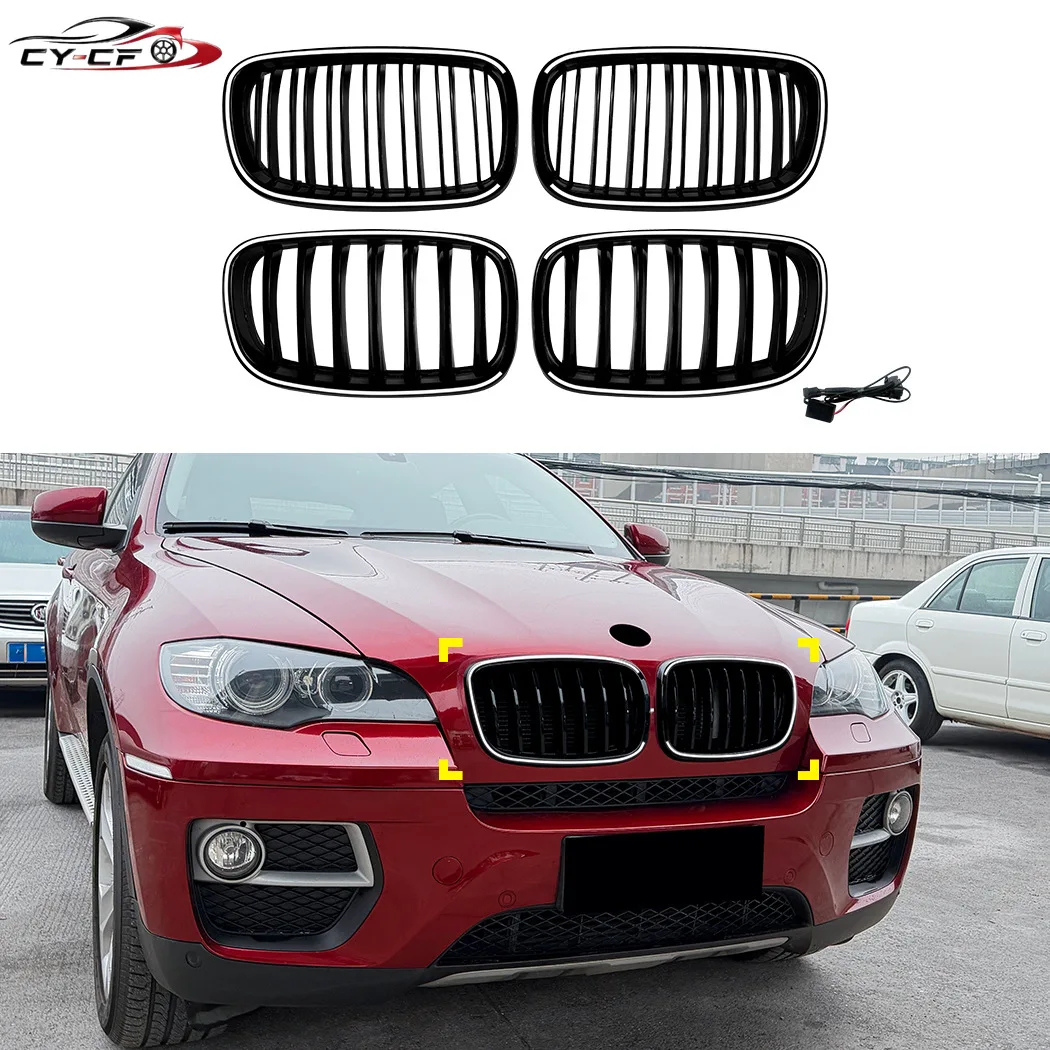 Фото Для BMW X5 E70 X6 E71 2006-2013: Комплект для модификации кузова — передняя решетка воздухозаборника с LED-подсветкой, глянцевый черный цвет №1