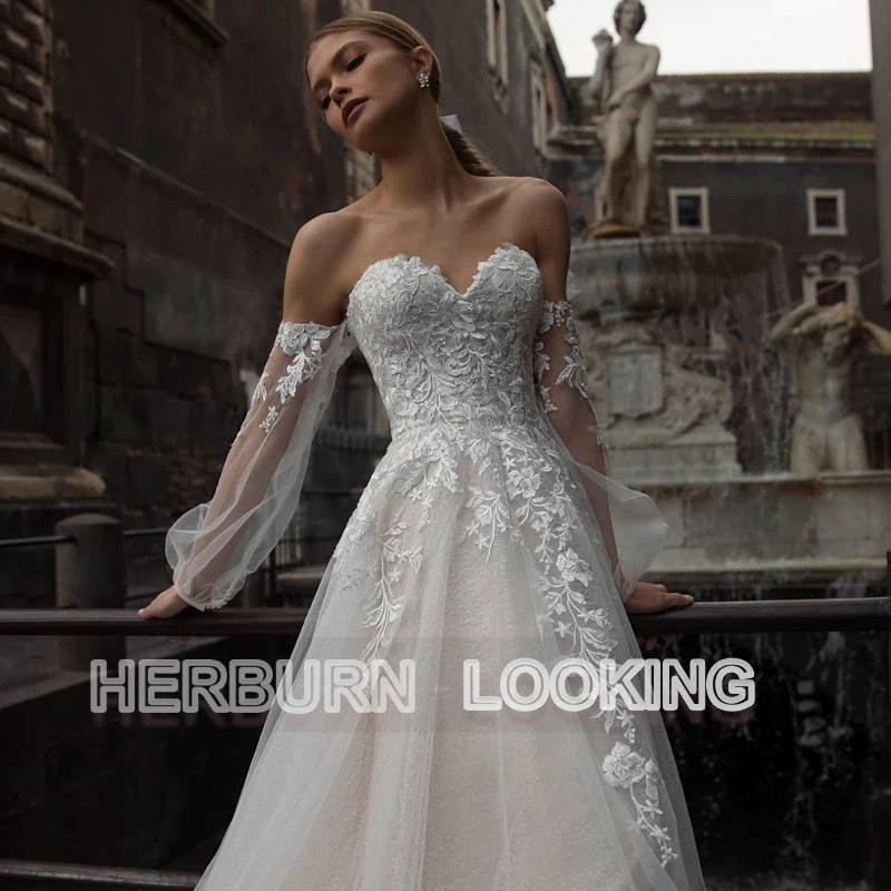 

HERBURNL Customized Tulle Princess Lace Up Strapless Floor-length Wedding Dresses 2022 Satin Lace Apliques Robe De Mariée