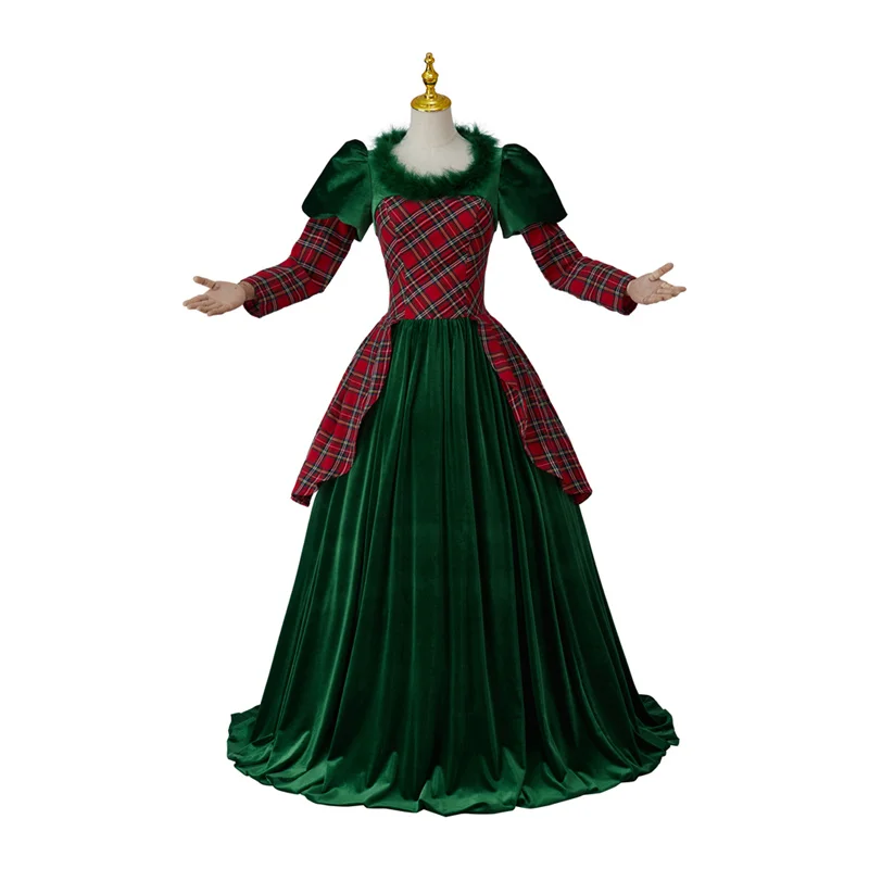 

Рождественский винтажный средневековый костюм, Длинное Зеленое красное клетчатое платье, женское бальное платье на Хэллоуин