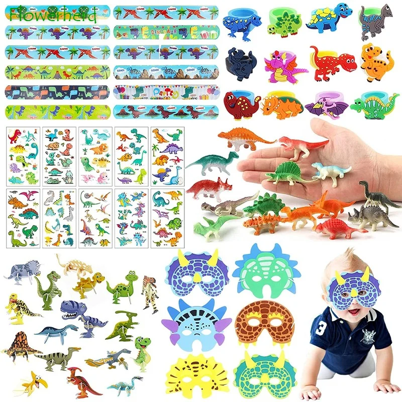

Kids Dinosaur Birthday Party Favors Bags Toys Slap Bracelets Masks Rings Tattoos Puzzle for Kids Boys Dinosaur Party Supplies