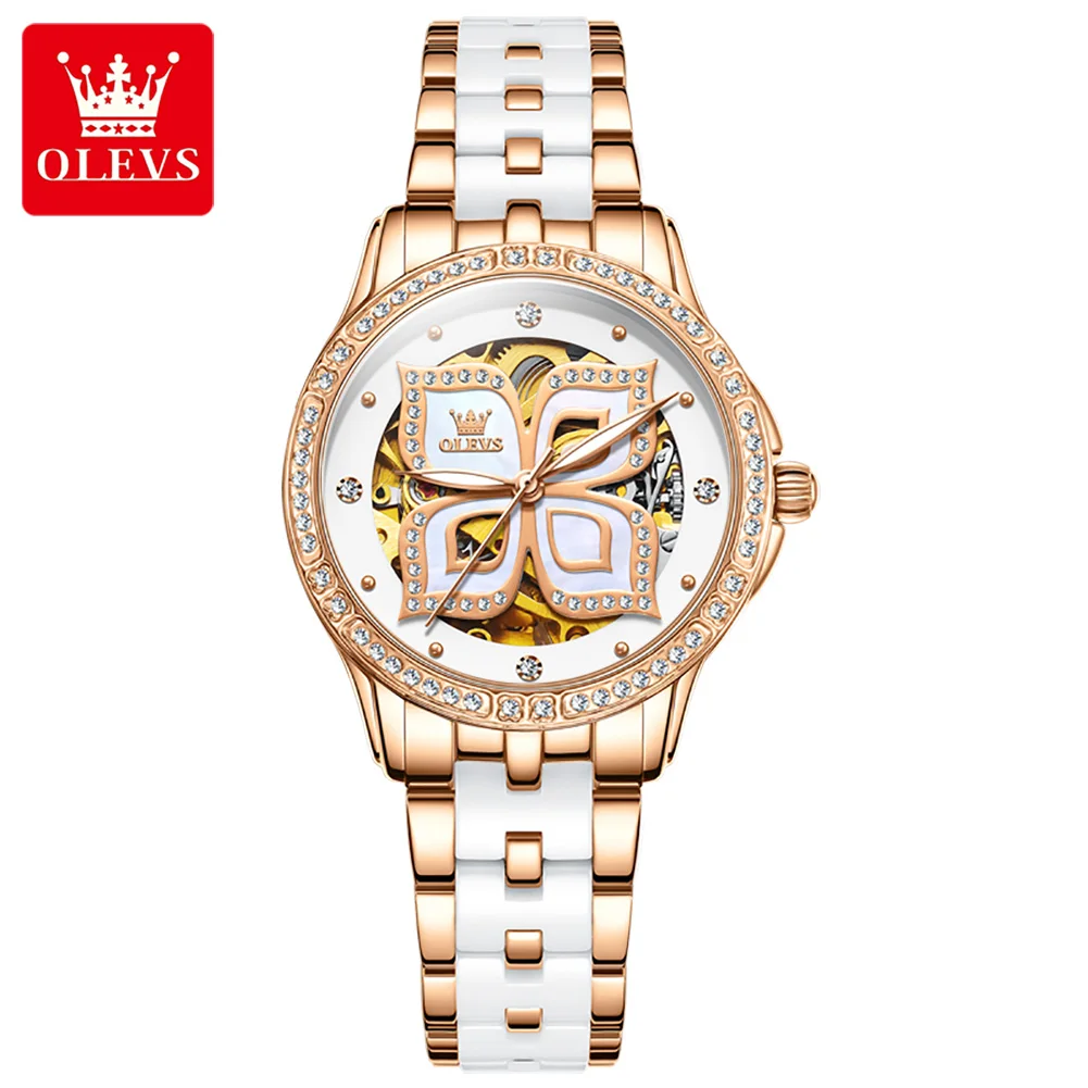 OLEVS Watch For Women Luxury Rose Gold Automatic Skeleton Mechanical Ladies Ceramic Dress Diamond Waterproof Wristwatch 6612