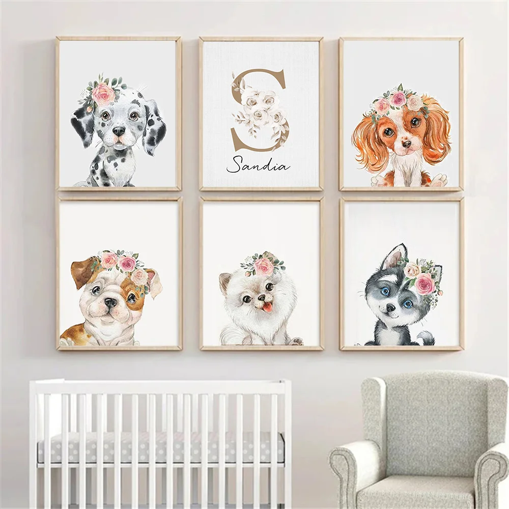 Картина на холсте с именем под заказ детская комната планшетофон принтом щенка