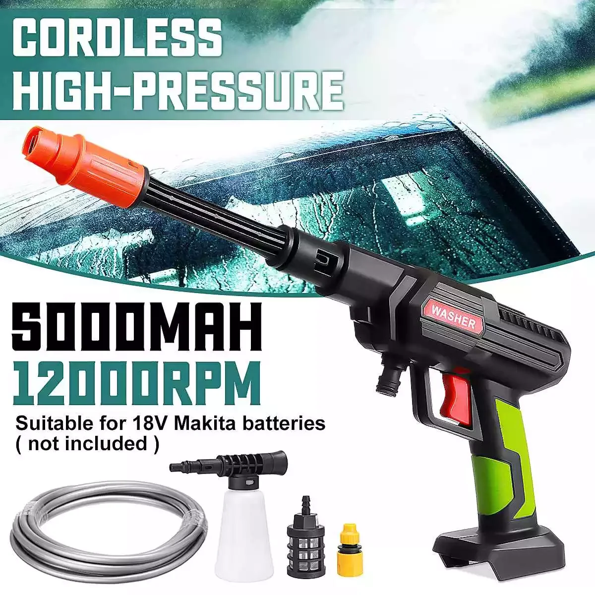 

NEW2023 12000RPM Cordless High Pressure Washer Spray Water Gun Car Wash Pressure Water Nozzle Cleaning Machine for Makita 18V Ba