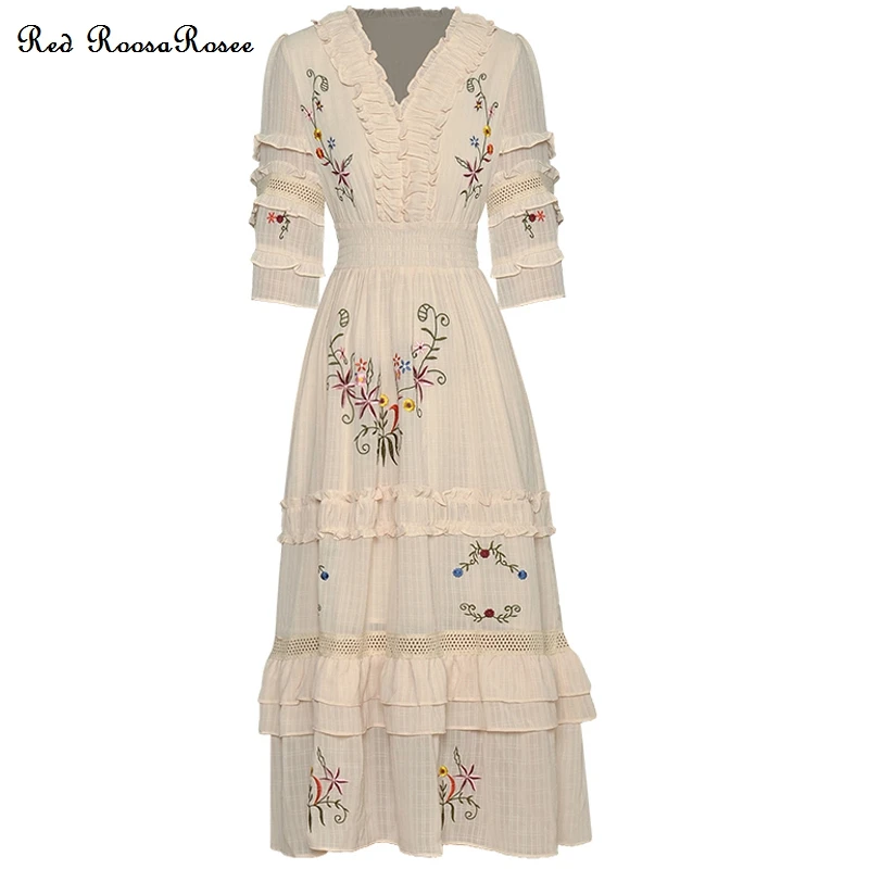 

Женское дизайнерское платье RoosaRosee, красное платье с V-образным вырезом, рукавом до локтя, оборками и эластичной талией, осень 2022