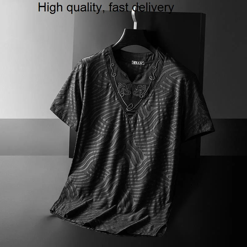 

Роскошная простая жаккардовая футболка в европейском стиле с V-образным вырезом и коротким рукавом, мужская Свободная Повседневная универс...