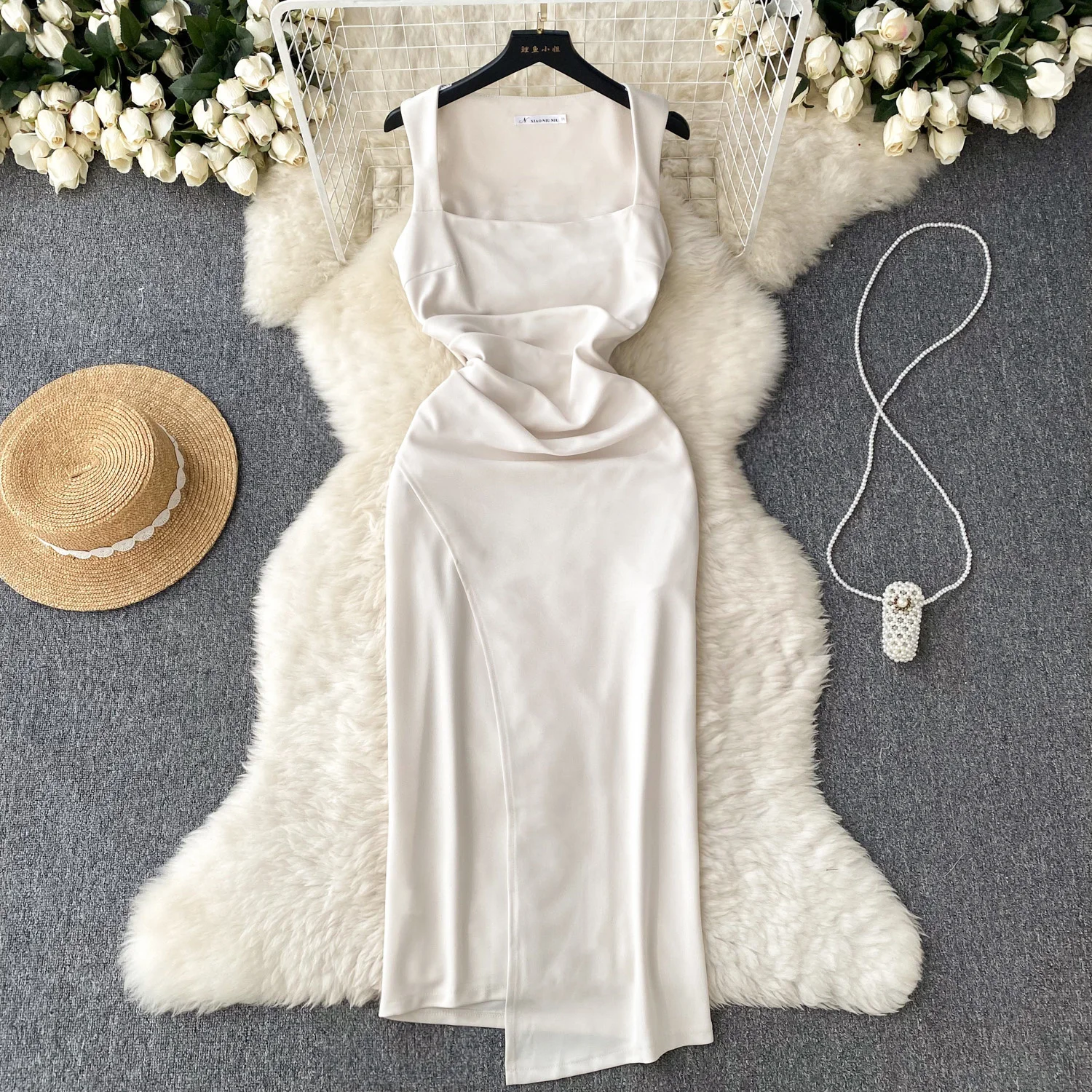 

Summer Elegant Women Long Dress Solid Color Square Collar Sleeveless High Waist Slim Split Mid-length Party Tank Dress Vestidos