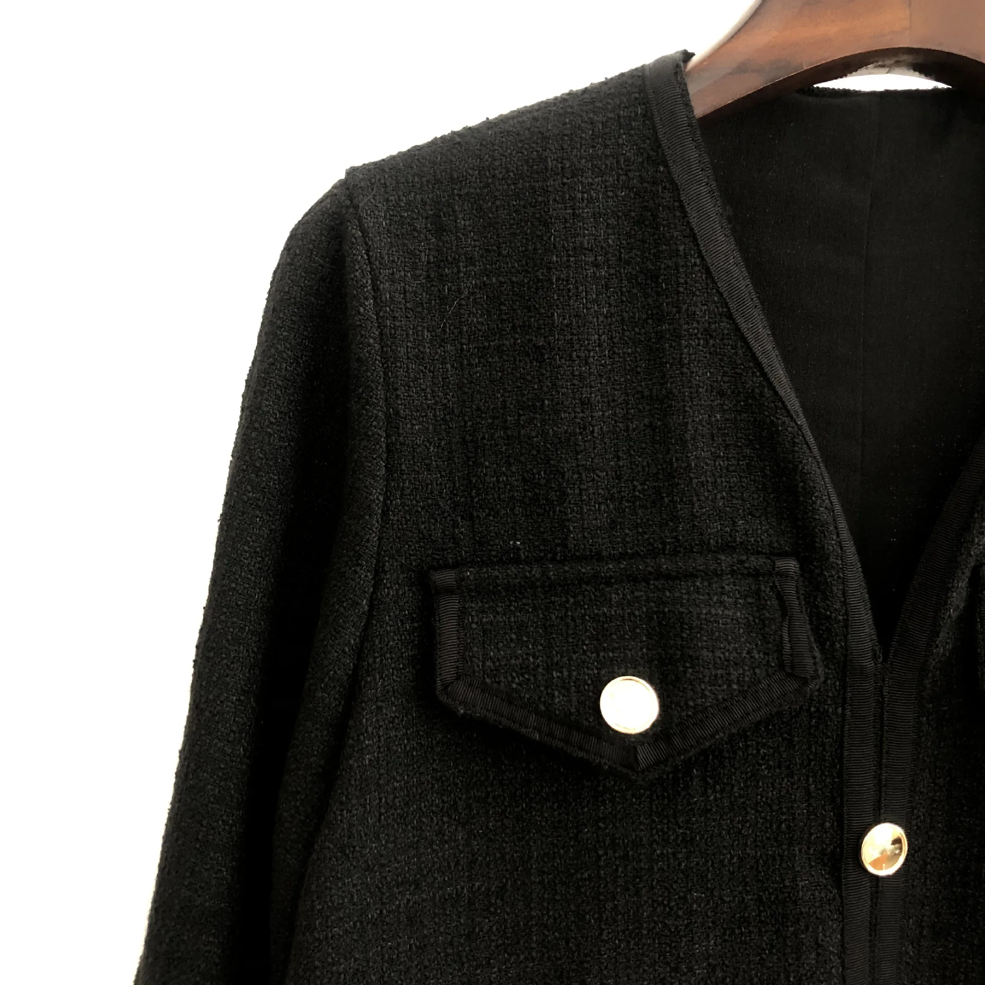 

Women Single Breasted Flap Three Quarter Sleeve V-Neck Tweed Autumn Winter Dress