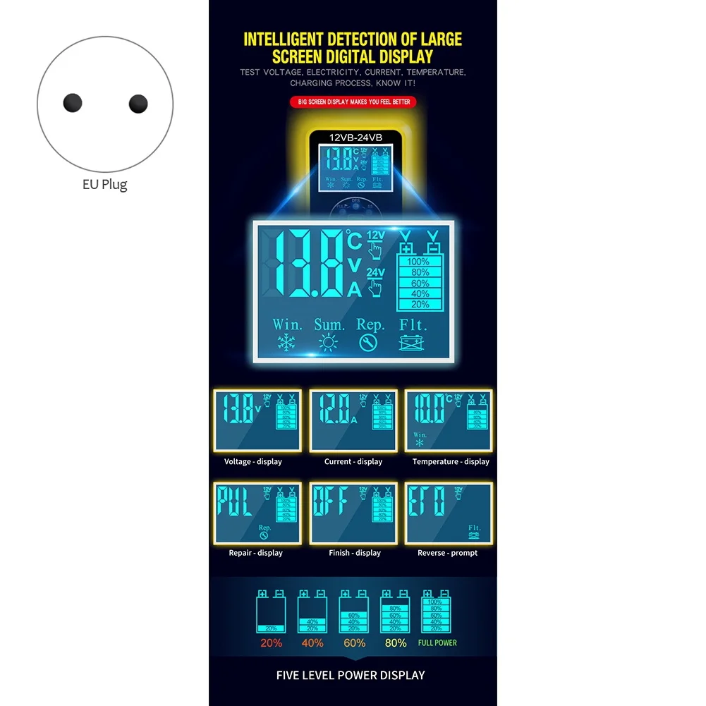 Умное зарядное устройство для автомобильного аккумулятора 12 В 24 а с ЖК-дисплеем