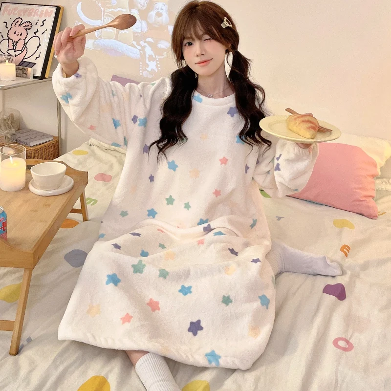 2024 зимние толстые теплые фланелевые ночные рубашки с длинными рукавами и принтом