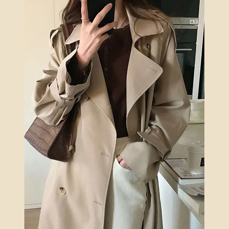 Длинный плащ цвета хаки женский новинка 2025 весна-осень корейское шикарное пальто