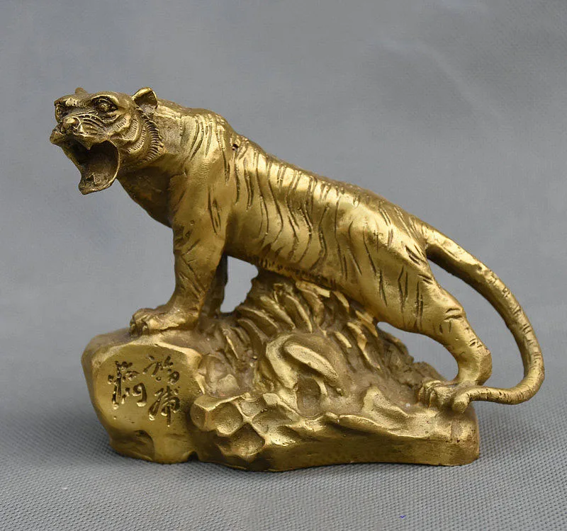 

5" Folk Chinese Feng shui Pure Copper Brass Stand Stone Zodiac Year Tiger Statue