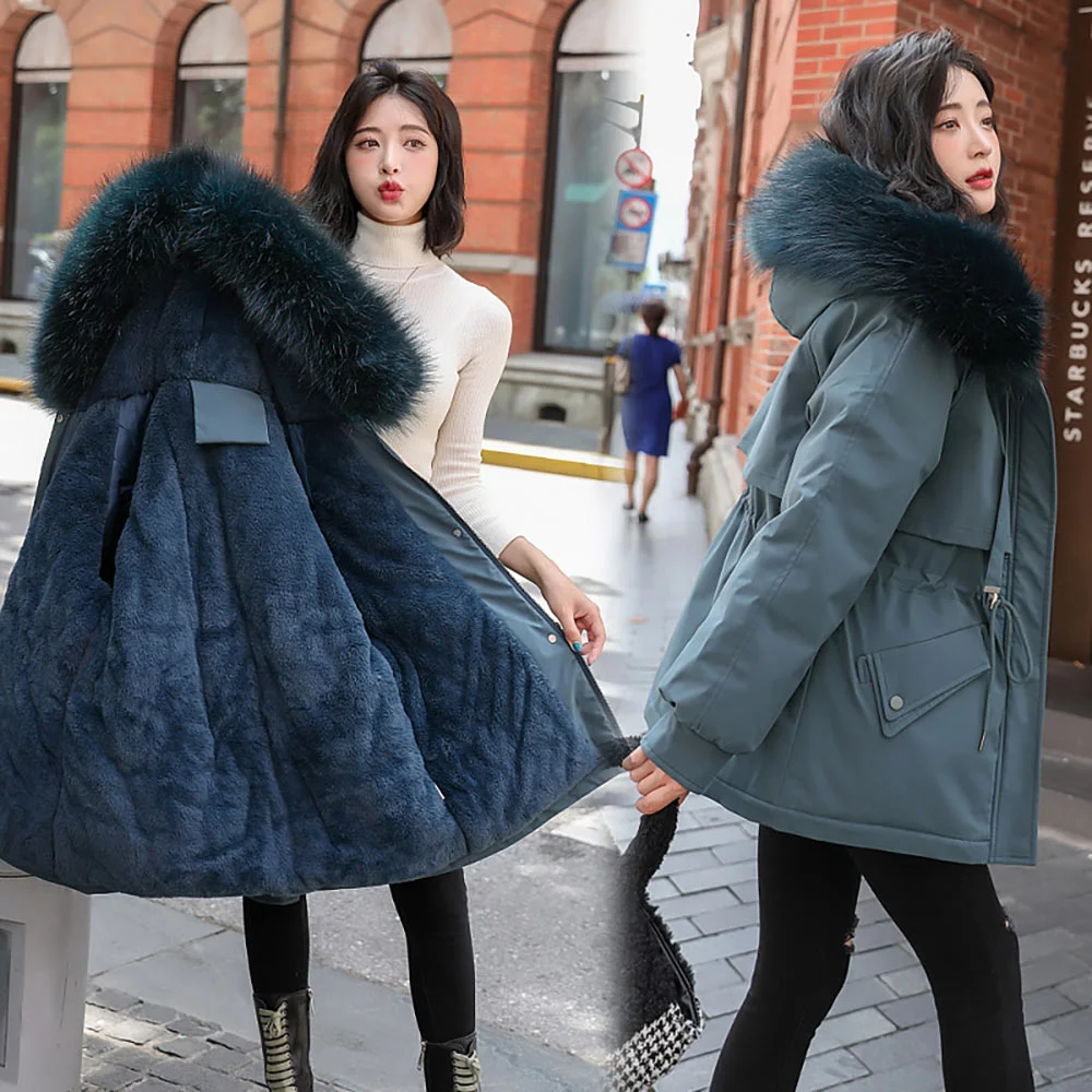 Warm Thicken Winter Women Jacket Solid Loose Fur Collar Hooded Cotton Padded Coat for Ladies Casual Wool Liner Parkas