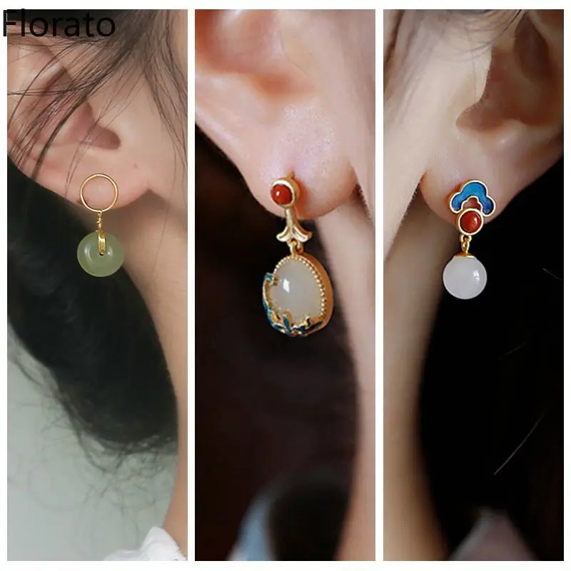 

Florato 925 Sterling Silver Needle Hetian jade earrings for women Chinese style design sense high-end antique retro earrings
