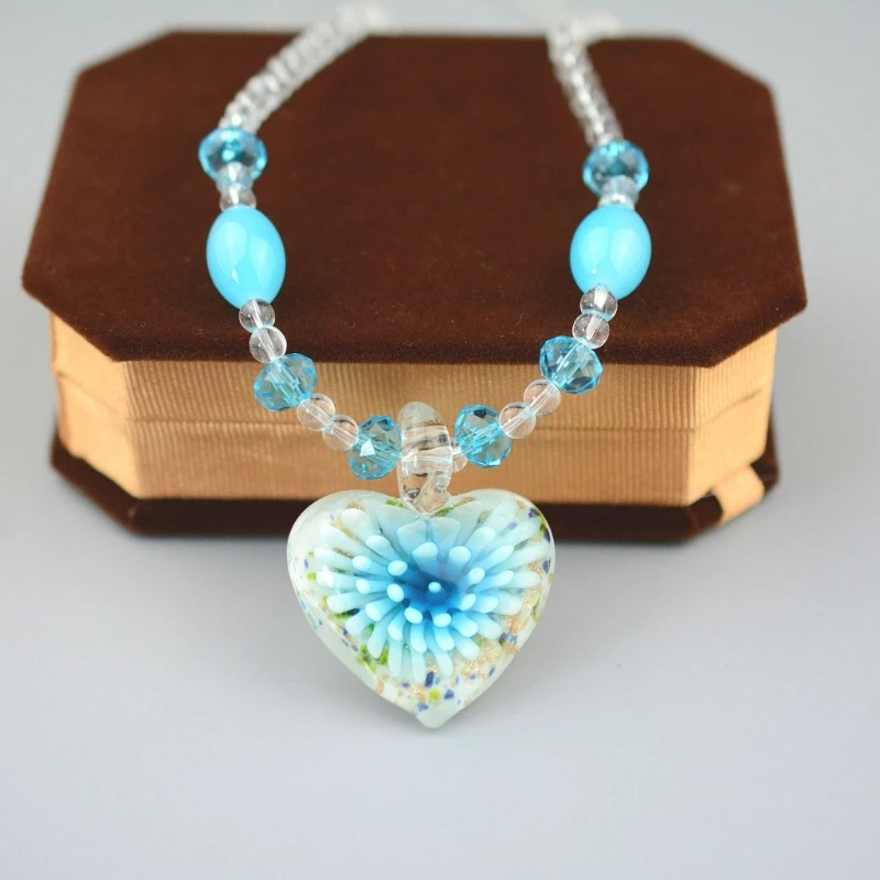 

Heart Lampwork-Necklace Valentines Day Glass Heart Pendant Multicolor Choker