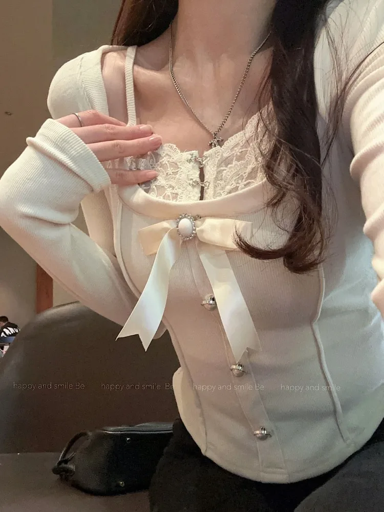 Милые кружевные лоскутные топы из двух частей с бантом женская футболка на