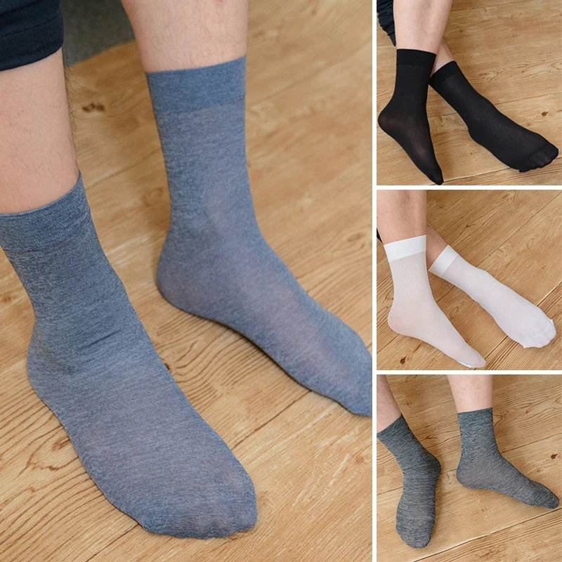 

10 Pairs Men's Thin Ice Stocks Summer Breathable Casual Socks Solid Color Elastic Ice Silk Cool Mid-tube Business Stockings