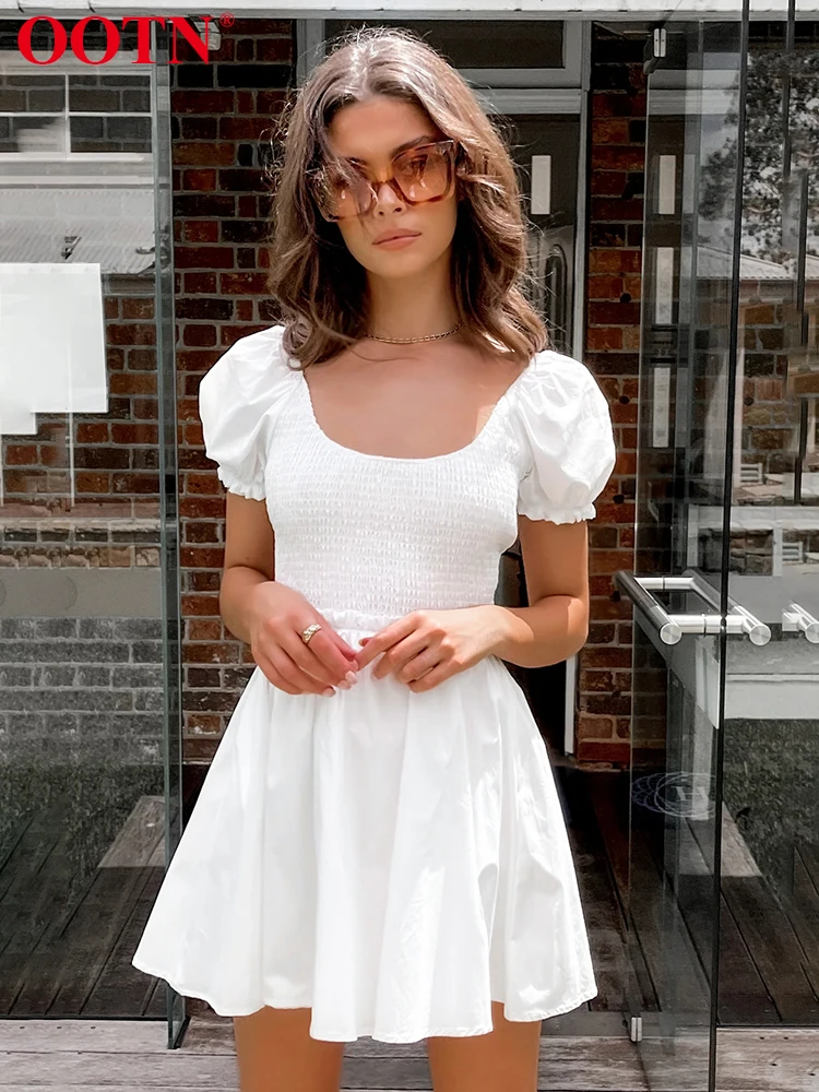 

Весенне-летнее сексуальное Белое Мини-Платье OOTN, женские элегантные платья с пышными рукавами и высокой талией, Повседневный Сарафан с круг...