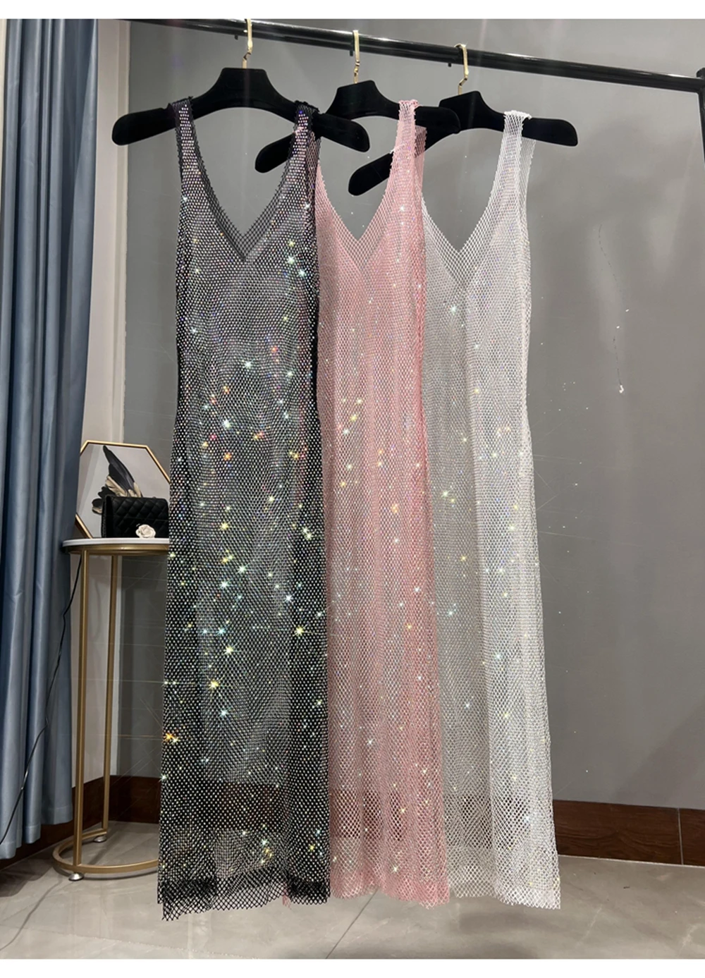

Hot Diamond Party Dress Sundress Deep V-neck Sexy Long Rhinestone Mesh Bottoming Skirt Showing Thin Sparkling Long Skirt Women