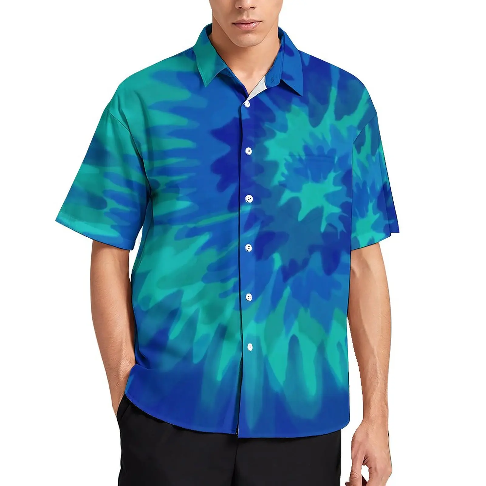 

Blue Tie Dye Casual Shirts Abstract Print Beach Shirt Hawaiian Street Style Blouses Men Print Plus Size
