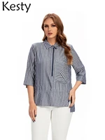 kesty womens plus size shirt spring viscose 34 sleeve striped beaded shirt lapel tie pocket elastic loose top