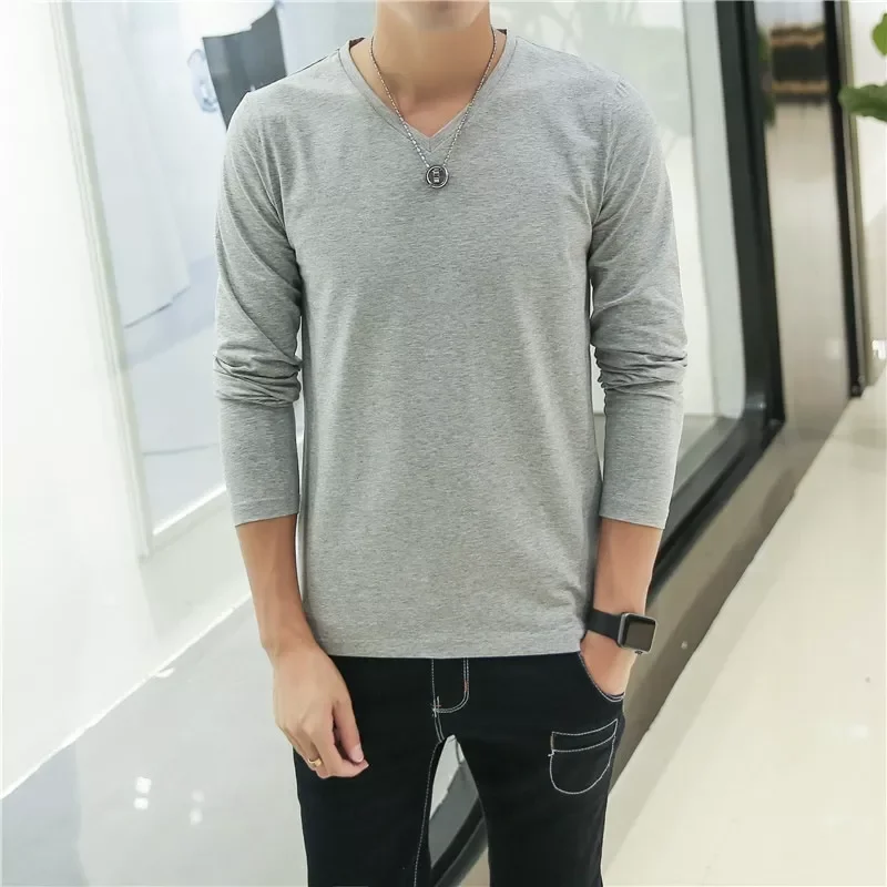 

2022NEW MRMT Mens T Shirts Pure Color V Neck Long Sleeved T-Shirt For Male Thin Material Tee Shirt Men Clothing Tees