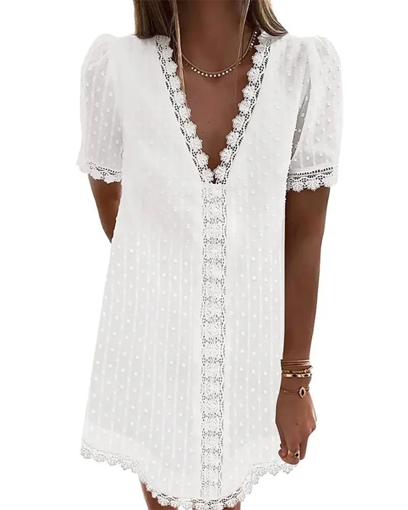 

2022 Hot Summer Women's Dress Elegant Temperament V-neck Bubble Sleeve Swiss Dot Lace Trim Dress Casual