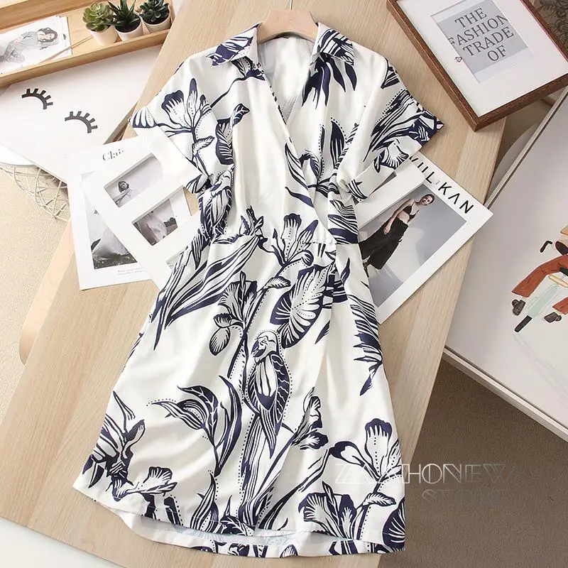 

ZAAHONEW 2022 Spring Summer Female Fashion Linen V-neck Leaves Print Short Dress Women Slim Simple Casual Mini Dresses
