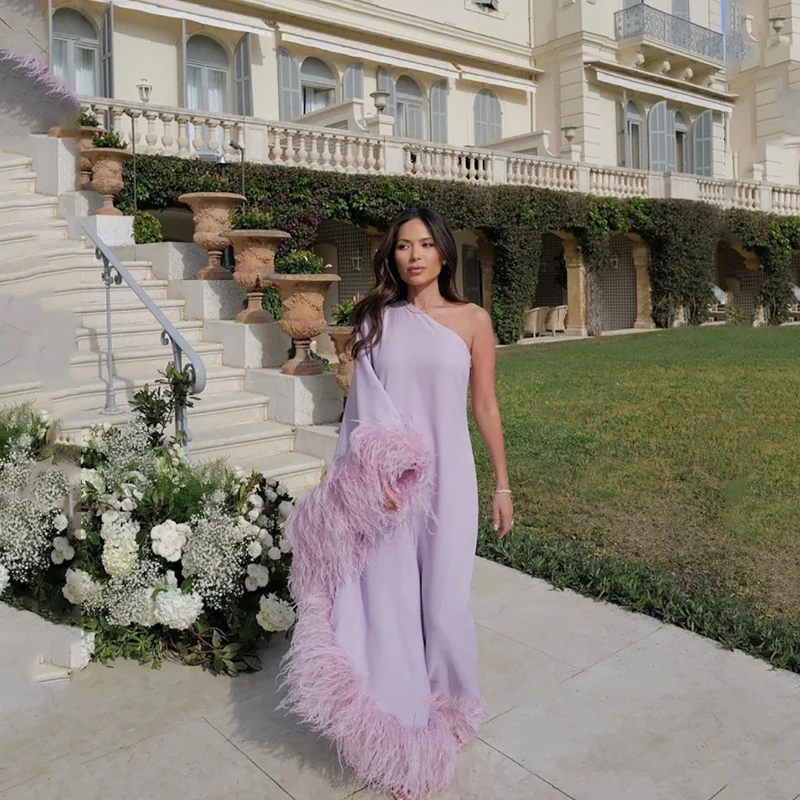 

VENUS Luxury Feathers Dubai Arabic Women Formal Occasion Dresses Long Sleeves Straight Elegant Lilac One Shoulder Evening Gown