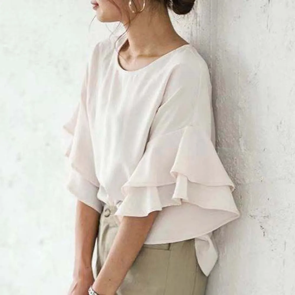 

Women's Blouse Loose Round Neck Double Layer Lotus Leaf Drop Shoulder Shirt Elegant Chic Ladies Top Summer 2022 Japan Korean New