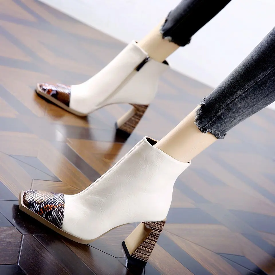 

Short boots women's shoes new short boots wild thick with Martin boots stitching snake print square toe boots