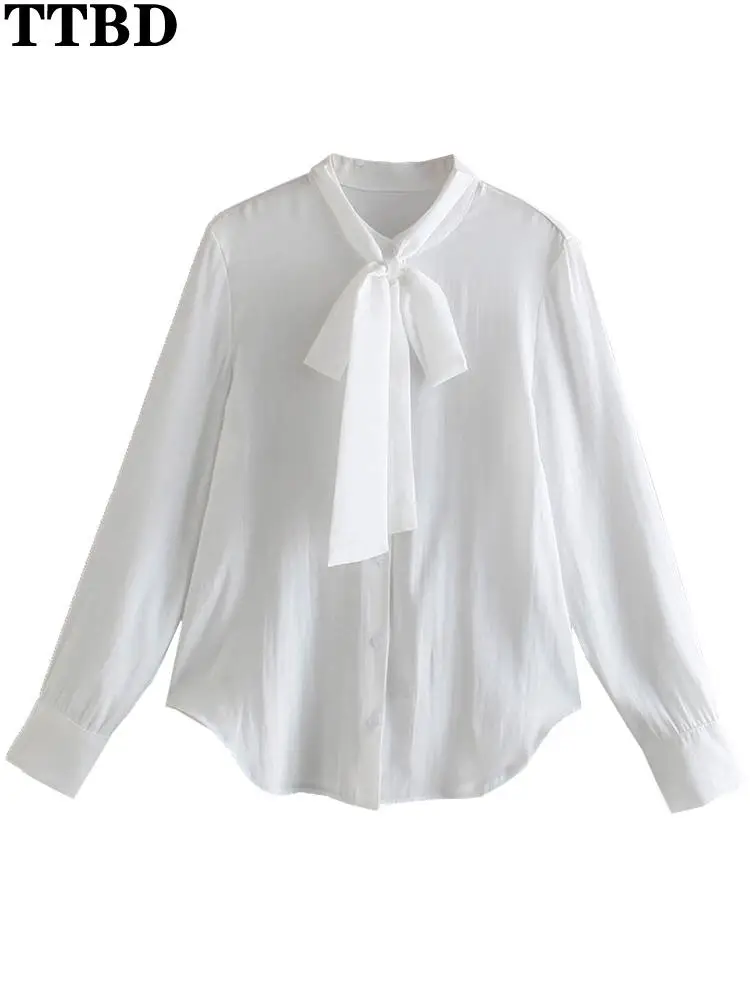 

TTBD Women 2022 new fashion with bow tied fitted trf blouses vintage long sleeve button-up female shirts blusas chic tops