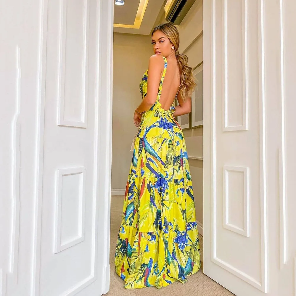 

Модное женское летнее платье на бретельках с V-образным вырезом и высокой талией, корсет с лямкой на шее, платье-трапеция с оборками, уличная ...