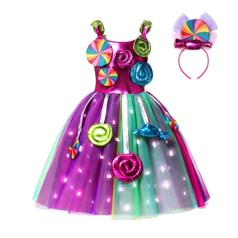2024 для девочек, карнавал Пурим, леденец, для малышей на день рождения, Радужное платье-пачка со светящимся светодиодным освещением, косплей-костюм