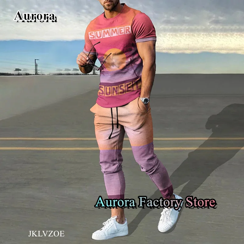 Summer Men's Casual Tracksuit 2 Pieces Palm Trees T-Shirt Trousers Set Jogging Suit Fashion Outfit Male Beach Style Streetwear