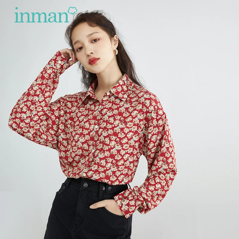 

INMAN Весенняя женская рубашка с принтом винтажная шикарная женская блузка с отворотом свободные топы рубашки Повседневная универсальная ру...
