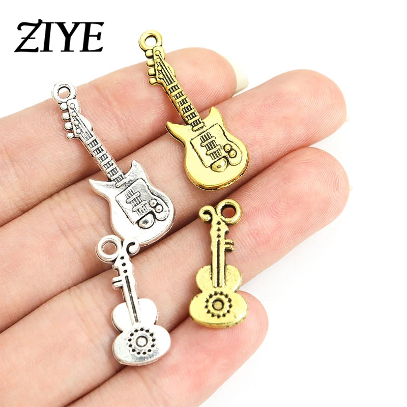

15/20pcs Cartoon Guitars Charms Antique Gold/Silver Color Cute Musical Instrument Alloys Pendant for Making Jewelry DIY Findings