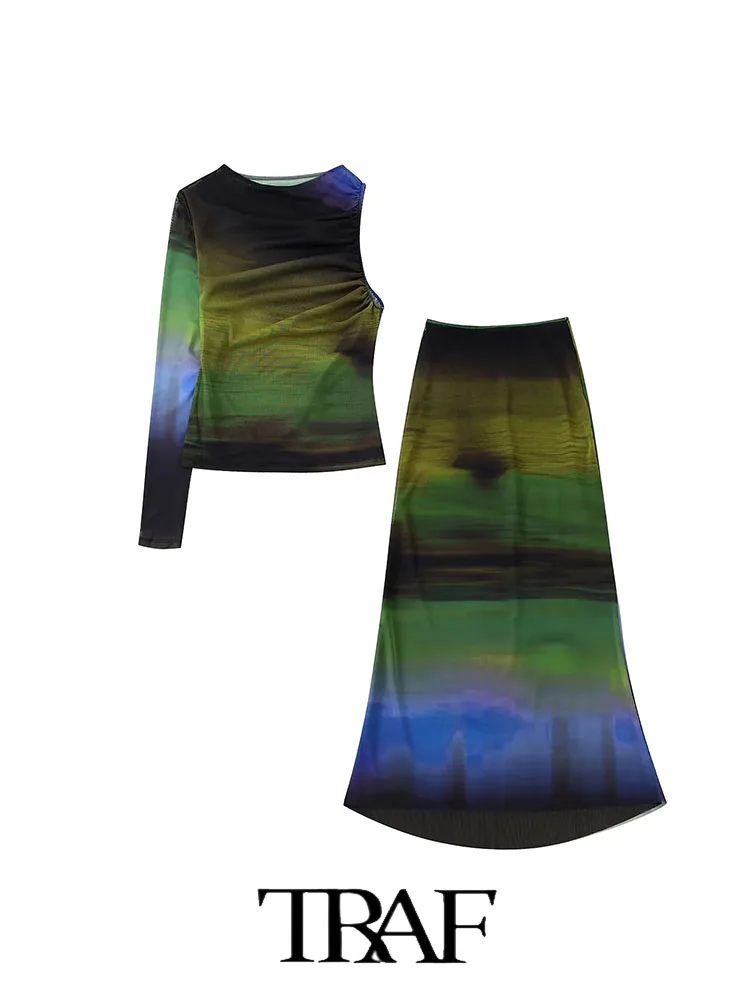 

Женский комплект из двух предметов, асимметричный Шелковый топ с принтом и Юбка-миди из шелка с принтом, однотонный пикантный комплект из дв...