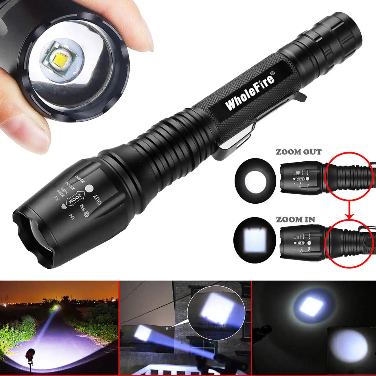 

HMTX LED Flashlight 5 Lighting Modes L2 3000 Lumens Zoomable Torch Lamp with Rechargeable Battery&Charger