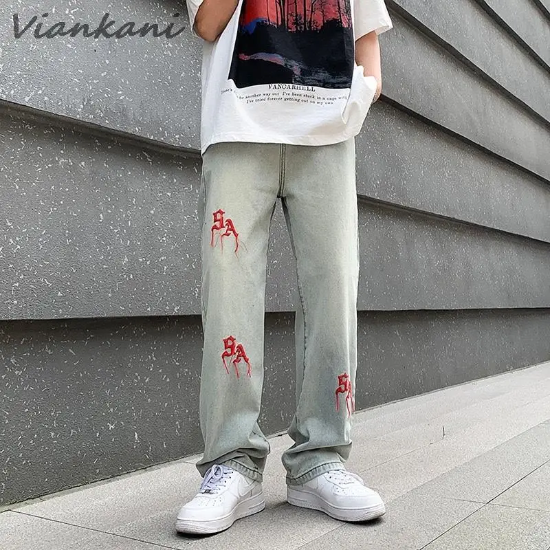 High Quality Embroidered Straight Jeans Mens Y2K Retro Red Letter Loose Denim Pants Fashion Casual Streetwear Hip Hop Trousers