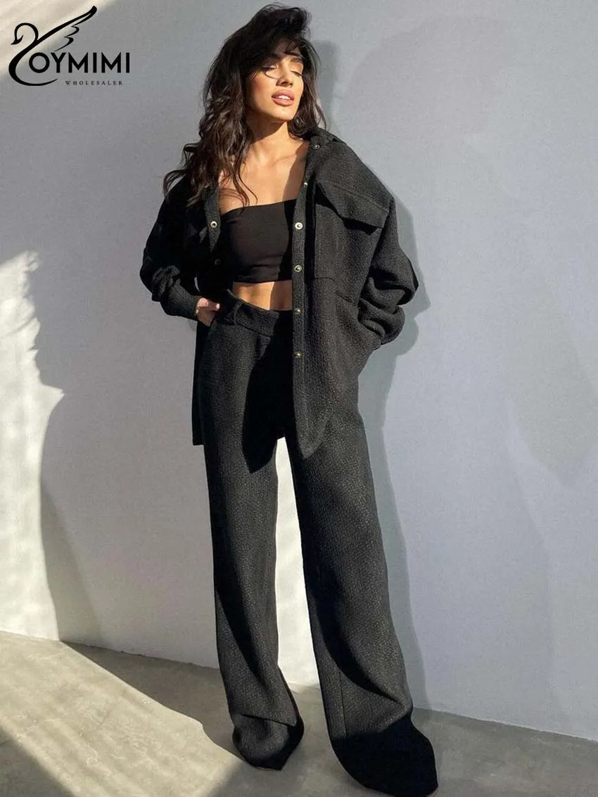 

Oymimi Casual Black Sets For Women 2 Pieces Elegant Lapel Single Breasted Long Sleeve Shirts And Simple Straight Trousers Sets