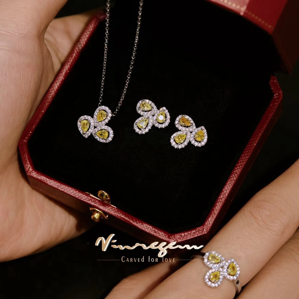 

Vinregem 100% 925 Sterling Silver Pear Cut 3*4 MM Lab Created Sapphire Citrine Gemstone Necklaces/Earrings/Rings Jewelry Sets