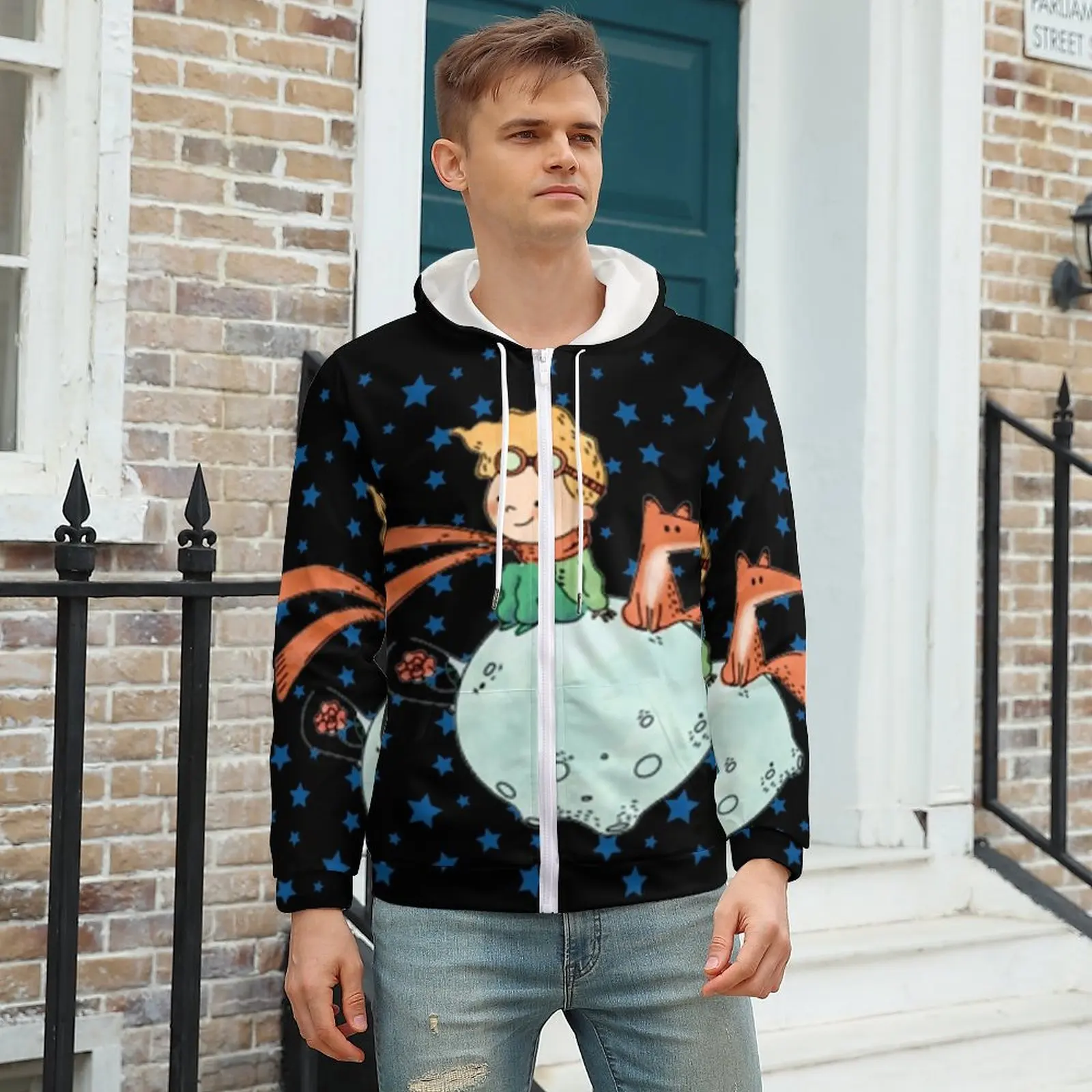 

The Little Prince Hoodie Stars And Fox Print Men Autumn Hoodies Outdoor Zip Up Hoodie Plus Size 5XL