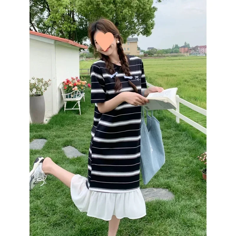 Корейское полосатое платье 2024 новое женское свободное повседневная тонкая