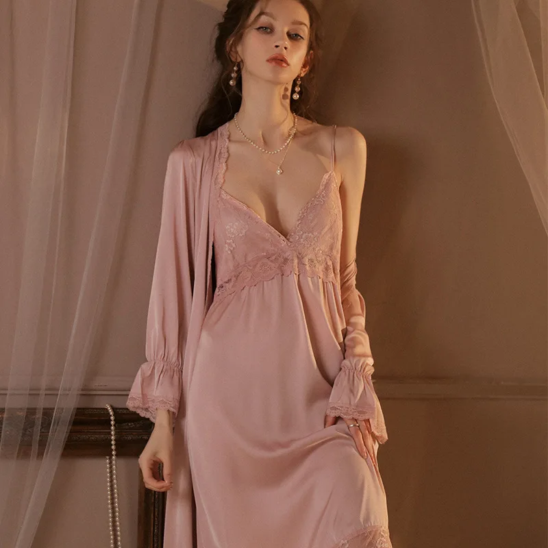 

Sexy Lace Trim Women Twinset Robe Set Nightgown Nightdress V-Neck Sleepwear Loungewear Summer Bathrobe Gown Suit Homewear
