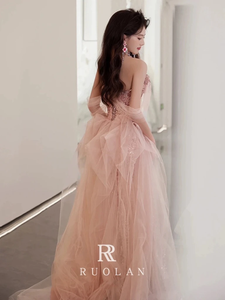 Розовые вечерние платья Graident блестящие плиссированные со съемным шлейфом с