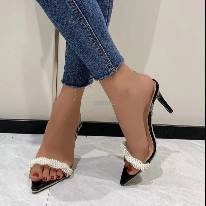 Sexy Transparent Crystal Women's Slippers Slingback Heel Shoes Slides High Heels Women Shoes Fashion Pearl Sandals Women 2022
