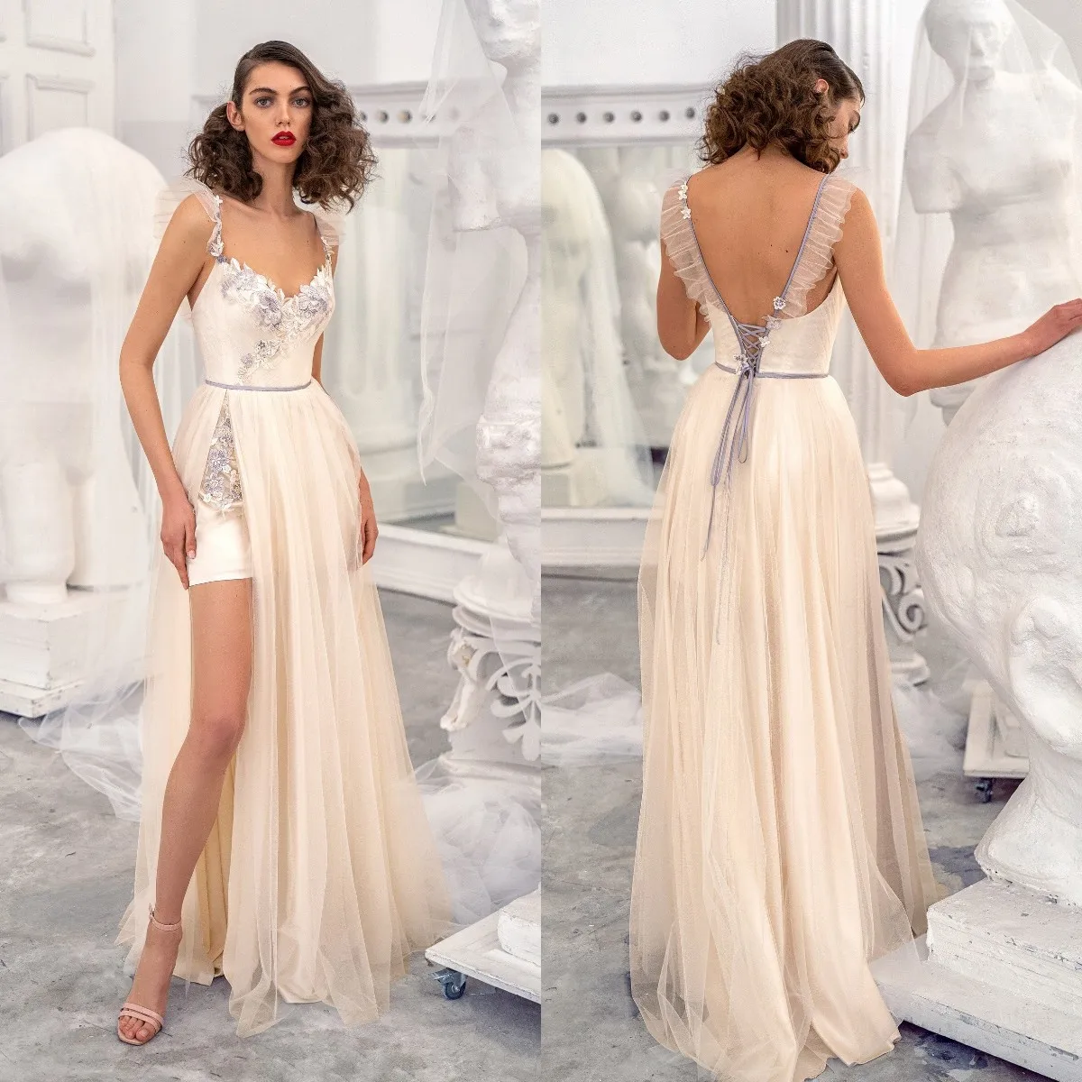 

Sexy Beige A Line Tulle Evening Gowns Sweetheart Appliqued Sleeveless Prom Dresses Sexy Back Side Split Celebrity Women Dresses