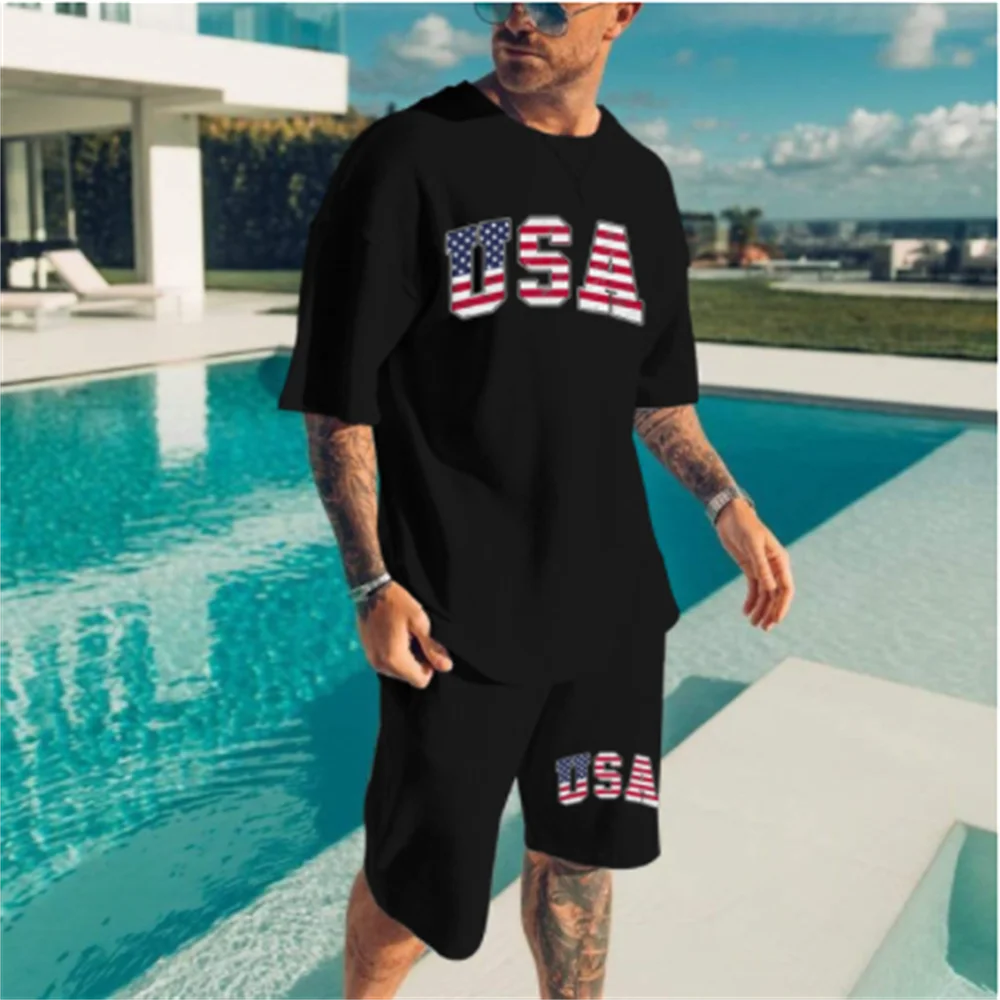 

Summer Tracksuit 2Piece Set Solid Sport Hawaiian Suit Short Sleeve T Shirt and Shorts USA Casual Fashion Man Clothing Sportswear