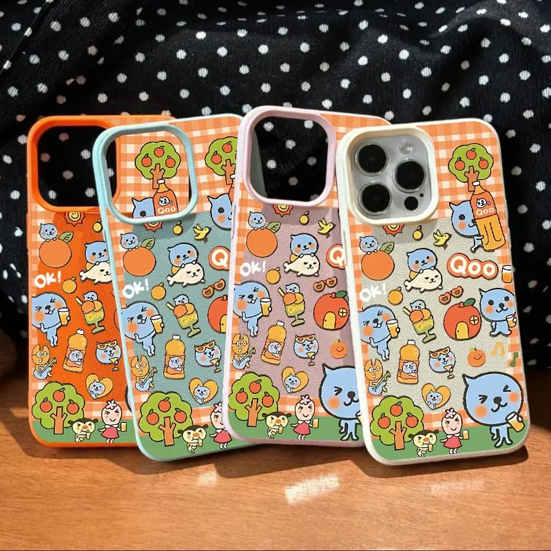 Kawaii Cartoon Qoo Fashion TPU Imitation Leather Phone Case For iPhone 16 Plus 15 14 13 12 11 Pro Max Shock-absorbing