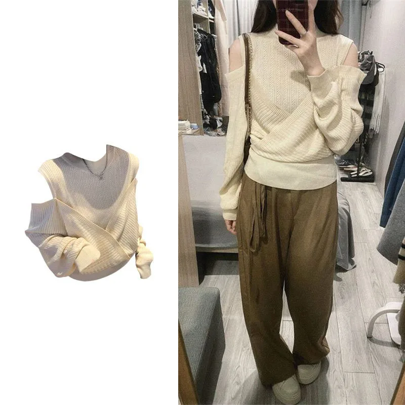 

Sweater Women's New Design Pullover French Fashion Slim Solid Color Versatile and Careful Off-shoulder Sweater Top